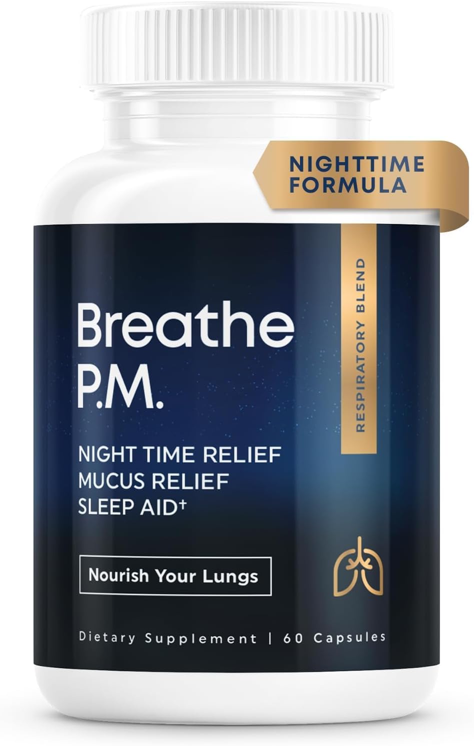 BREATHE PM, Nighttime 6-IN-1 Mullein Capsules For Lungs Detox & Lung Cleanse | Peppermint, Thyme & Mullein Leaf Extract For Lungs | Natural Lung Support Supplement - 60 Capsules, 1 Month Supply