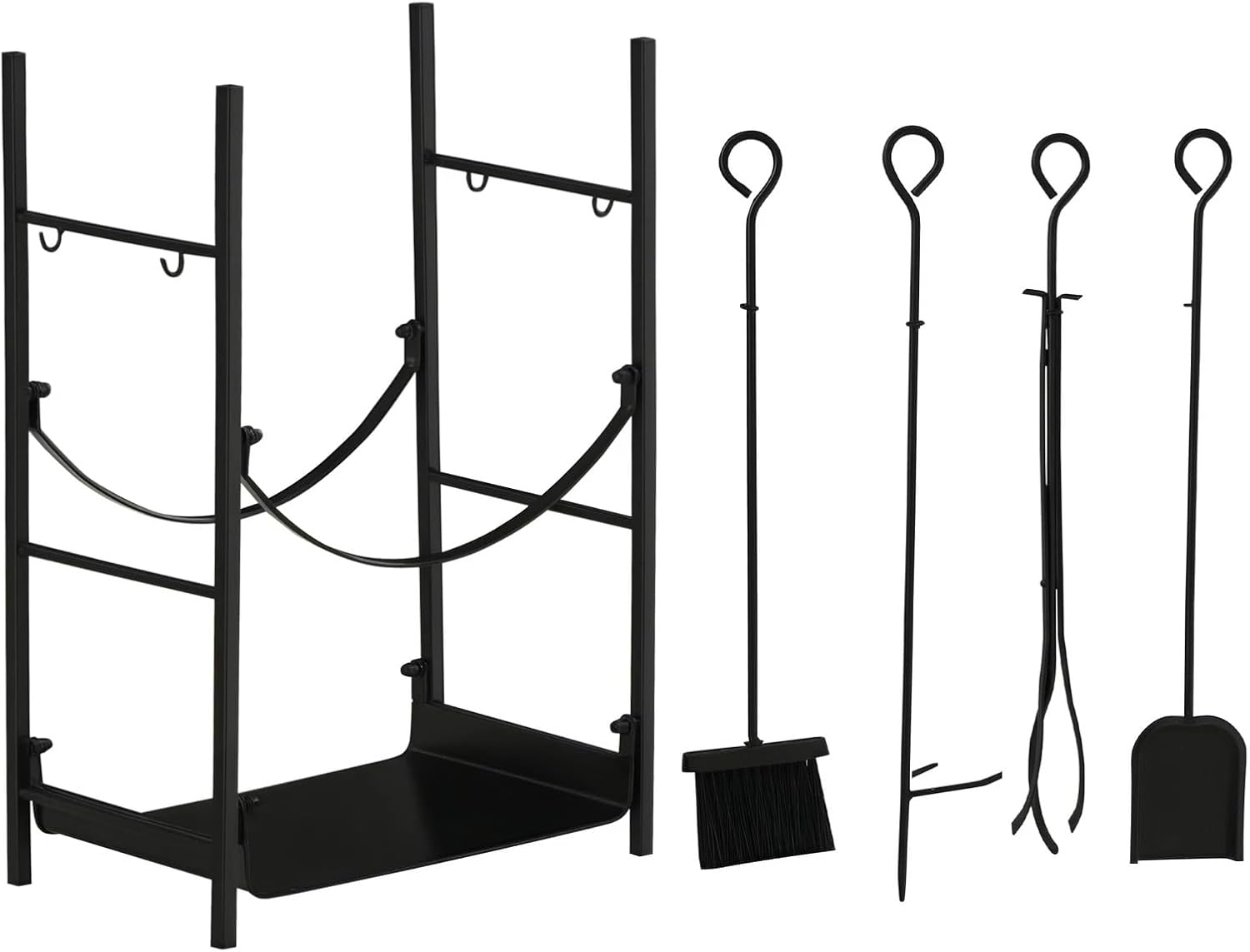 2-Tier Fireplace Log Storage Rack 18" – Heavy Duty Firewood Holder with Poker, Tongs, and Hooks for Indoor Outdoor Fireplace