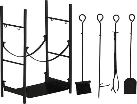 2-Tier Fireplace Log Storage Rack 18" – Heavy Duty Firewood Holder with Poker, Tongs, and Hooks for Indoor Outdoor Fireplace