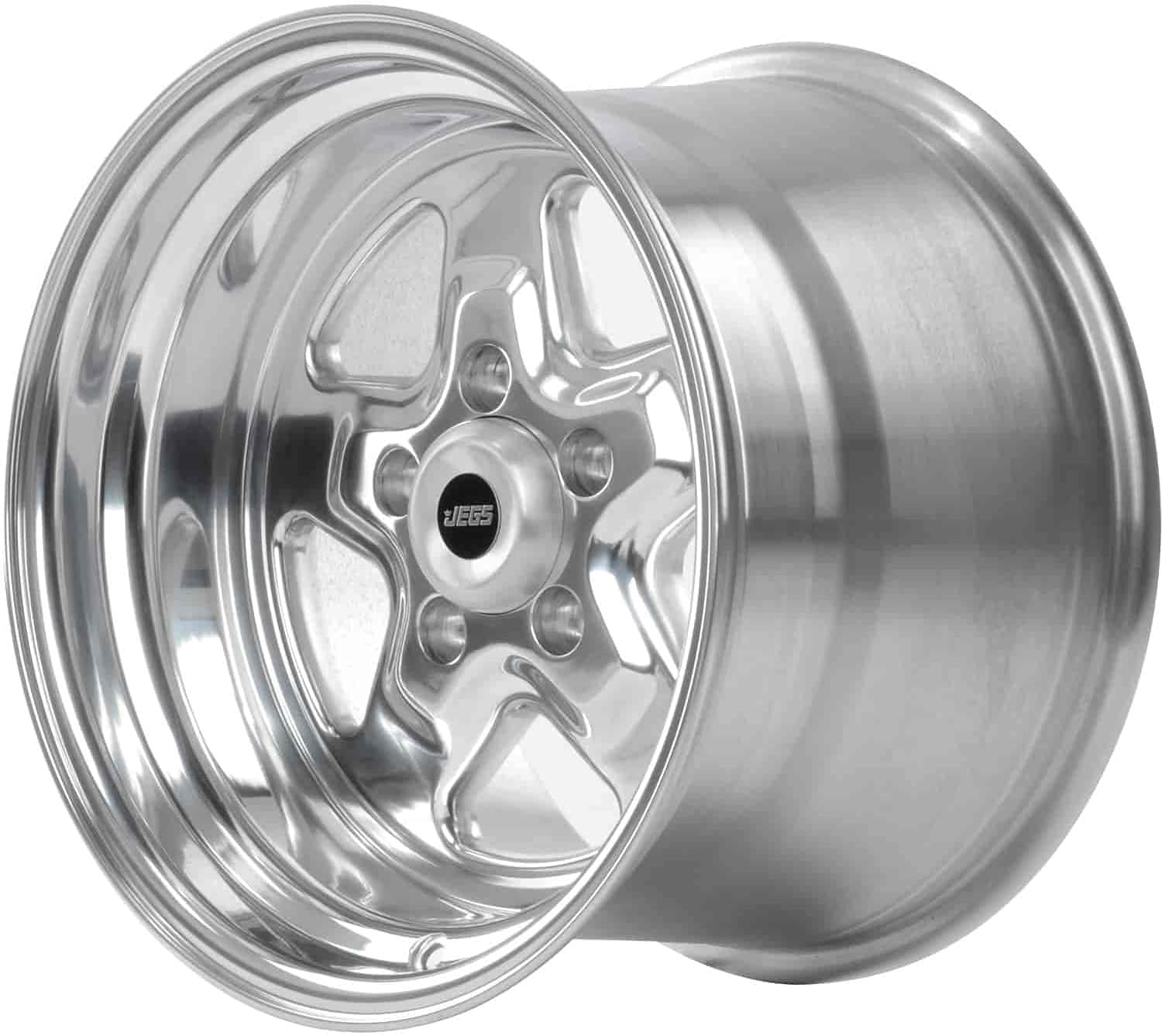 JEGS Sport Star Aluminum Wheel 15” x 10” | 5 x 4.5” Wheel Bolt Pattern Spacing | 0 mm Offset | 5.5” Backspacing | Polished Finish | 3.27” Center Bore | Includes Center Cap