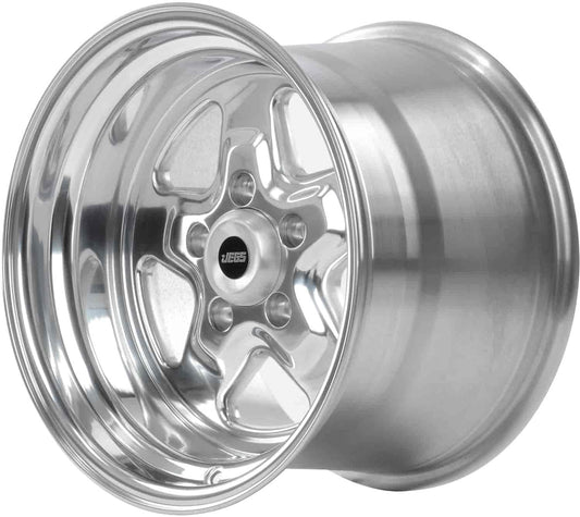 JEGS Sport Star Aluminum Wheel 15” x 10” | 5 x 4.5” Wheel Bolt Pattern Spacing | 0 mm Offset | 5.5” Backspacing | Polished Finish | 3.27” Center Bore | Includes Center Cap