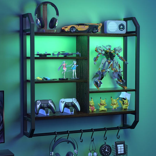 Nidouillet 34" Gaming Floating Shelves, Large LED Wall Mounted Display Shelf, Adjustable Hanging Pipe Shelf Bookshelf with Lights 6 Hooks for Game Living Room Bedroom Coffee Bar Kitchen Decor Black
