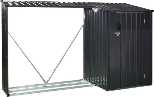 8.55 * 5.3FT Outdoor Firewood Rack & Storage Shed 2-in-1, Steel Wood Holder with Tool Compartment and Sloped Roof