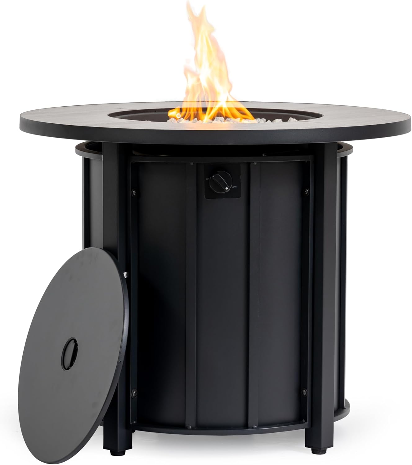 30 Inch Round Fire Pit Table with Wood Grain Ceramic Top, Black Steel Propane Fire Table Features 50,000 BTU Output and Weather-Resistant Design for Patio and Backyard Use