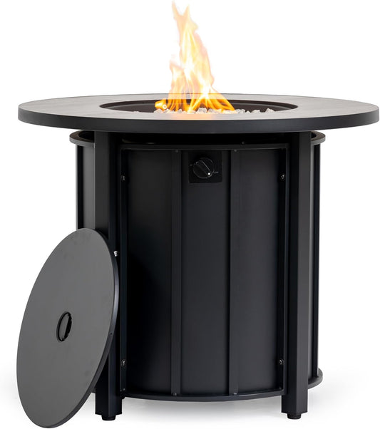 30-inch Round Propane Fire Pit Table, 50,000 BTU Outdoor Steel Fire Pit with Wood Grain Ceramic Tabletop & Lid, Cover Included for Patio, Deck, Backyard - Black