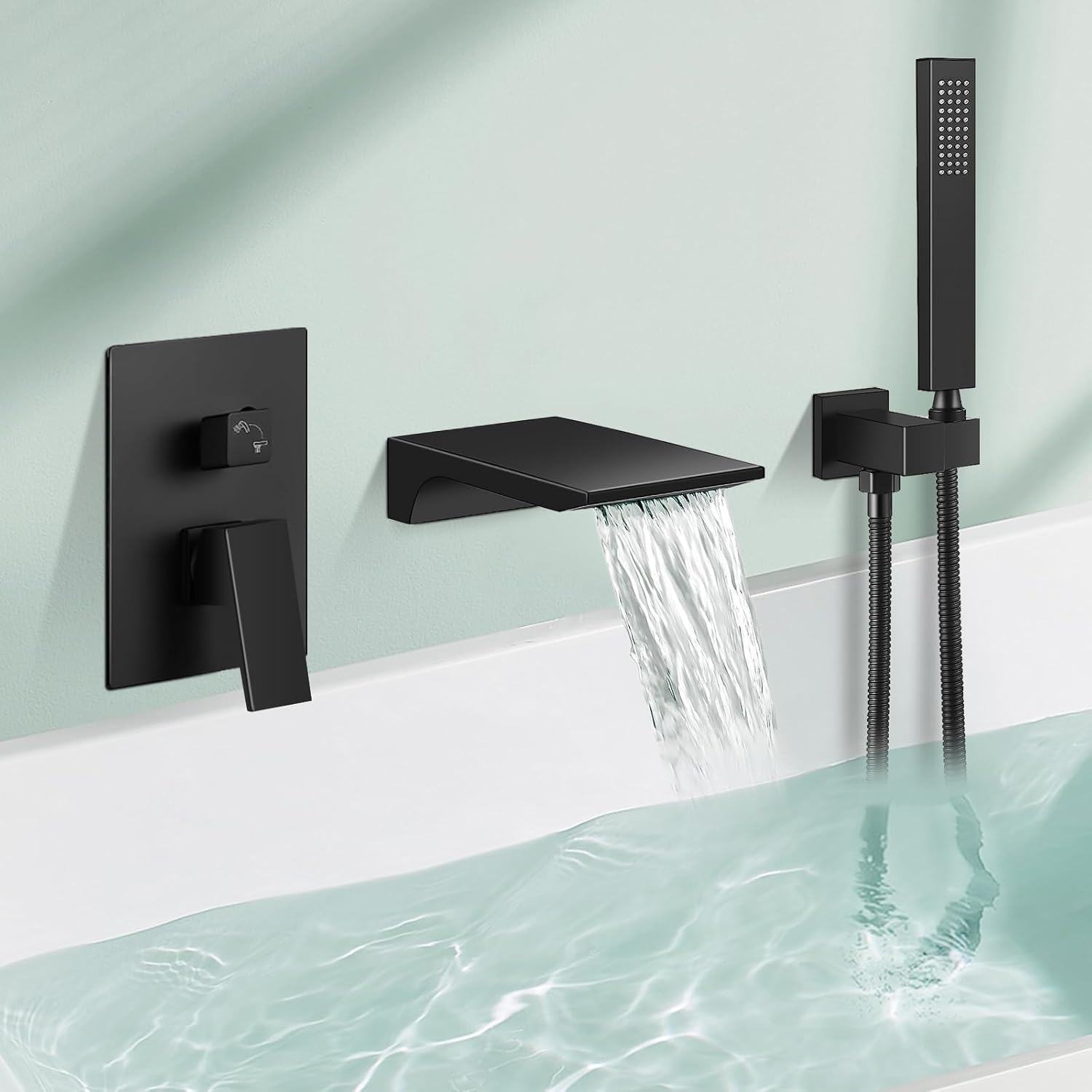 FAHKNS Wall-mounted Bathtub Faucet Black Matte, Bathtub Filler Faucet Solid Brass with Single Handle Handheld Shower and Water Pressure Balance Valve