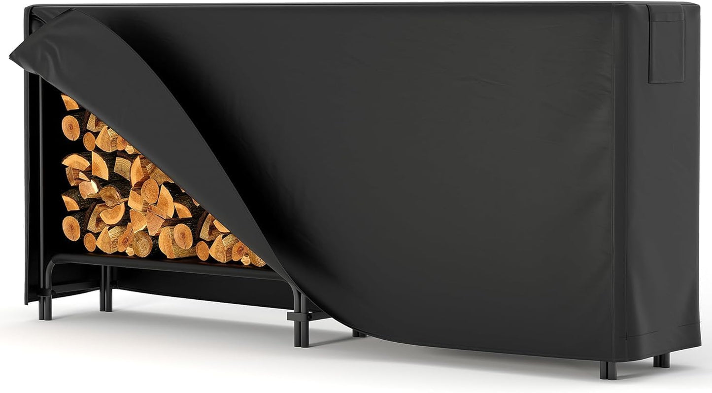 Sunvasagoo 8FT Firewood Log Rack with Cover,Black Waterproof Oxford Fabric with Zipper,Heavy Duty Log Wood Storage Racks Holds Up to 4500lbs for Porch Patio