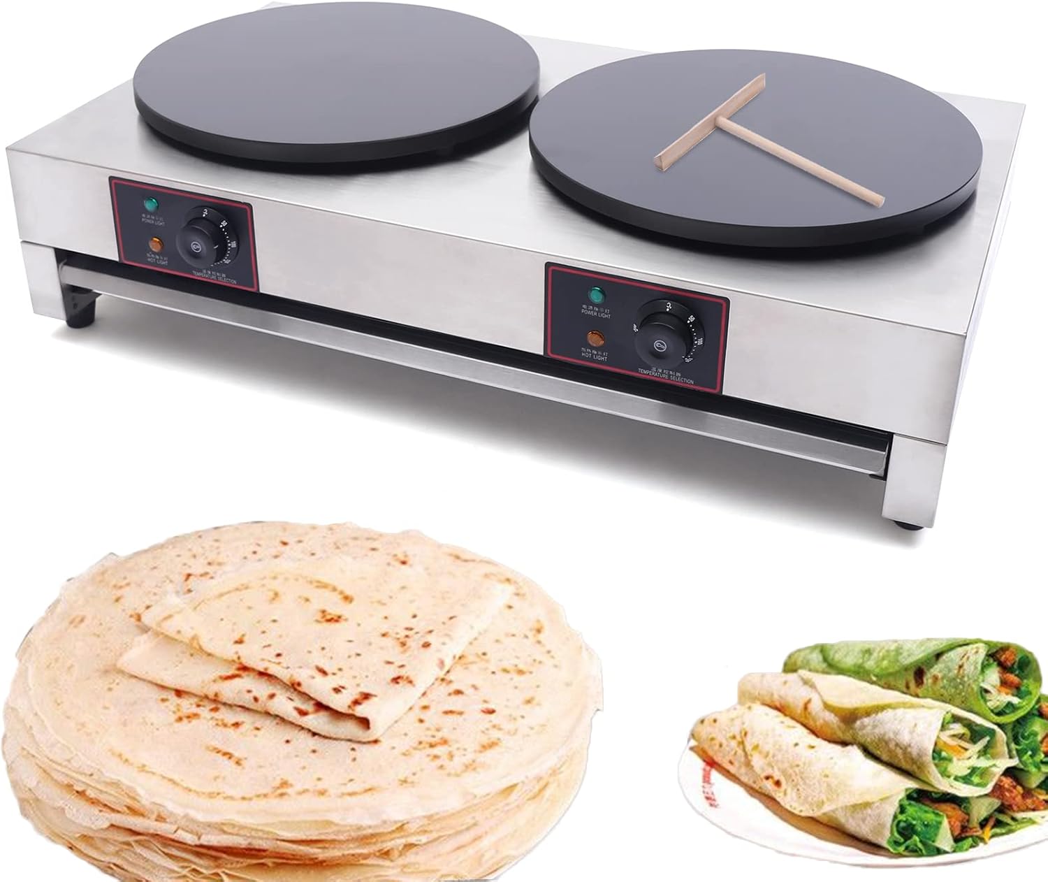 15.75 Inch Crepe Maker Electric Commercial Crepe Machine Double Pan Nonstick Round Crepe Hotplate 3.4KW Multigrain Pancake Oven, Adjustable Temperature for Blintzes, Eggs, Tortilla | No Plug