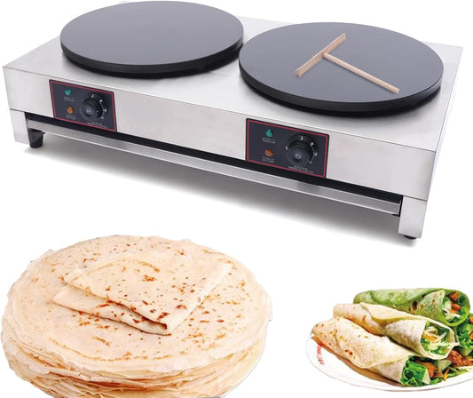 15.75 Inch Crepe Maker Electric Commercial Crepe Machine Double Pan Nonstick Round Crepe Hotplate 3.4KW Multigrain Pancake Oven, Adjustable Temperature for Blintzes, Eggs, Tortilla | No Plug