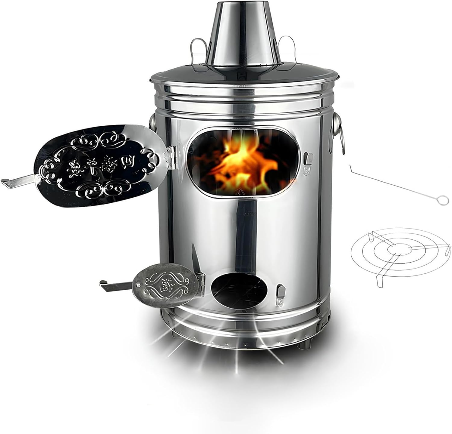 Burn Barrel, Stainless Steel Garden Incinerator, Outdoor Burn Bin with Fire Hook and Support, for Burning Yard Waste, Paper, Leaves, Debris(Small)