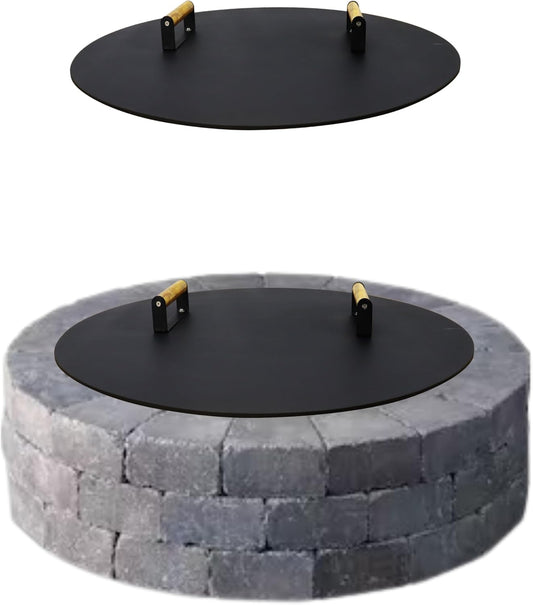 34” Fire Pit Cover Lid Round - Fit for 32” Round Fire Pit Lid for Outdoor Fireplace Cover Lid Steel fire pit metal cover W/ 2 Wooden Handles & Heat Resistant Snuffer Lid for Patio Fire Pit Ring