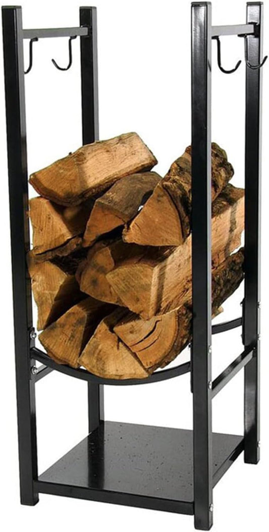 Firewood Log Rack with 4 Hooks,High 82cm, Heavy Duty Cast Iron Logs Storage Stand for Back Yard Deck/Family Room