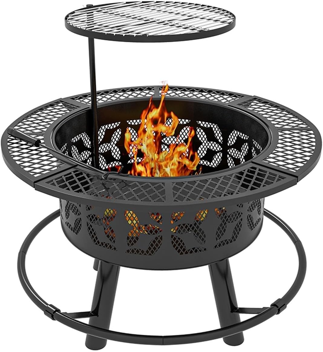 42 Inch 3-in-1 Fire Pit with 2 Grills, Extra Large Wood Burning Fire Pit with Adjustable BBQ Grill Grate & Mesh Lid, Outdoor Fireplace & Dining Table for Patio, Garden, Backyard