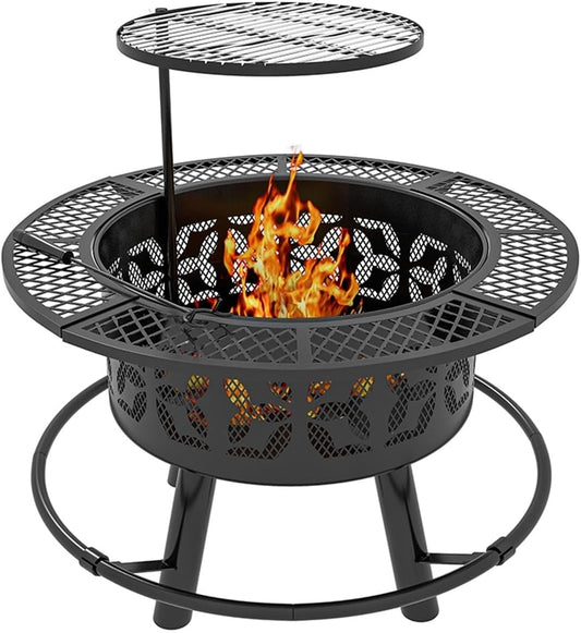 42 Inch 3-in-1 Fire Pit with 2 Grills, Extra Large Wood Burning Fire Pit with Adjustable BBQ Grill Grate & Mesh Lid, Outdoor Fireplace & Dining Table for Patio, Garden, Backyard
