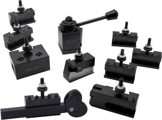 11Pcs OXA Wedge Type Quick Change Tool Post 250-000 Set Plus 2 extra 250-001 & 2 extra 250-002 For Mini Lathe 6-9" with 1pc Two Wheel Knurling Tool can be used separately with any square tool holders