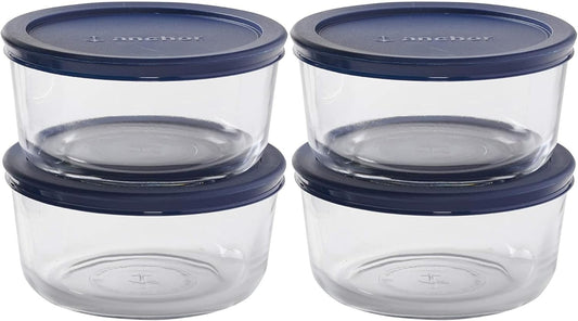 Anchor Hocking SnugFitTM Round Food Storage Containers with Lids (4-Piece, 7-cup, Navy Blue, oven-safe)