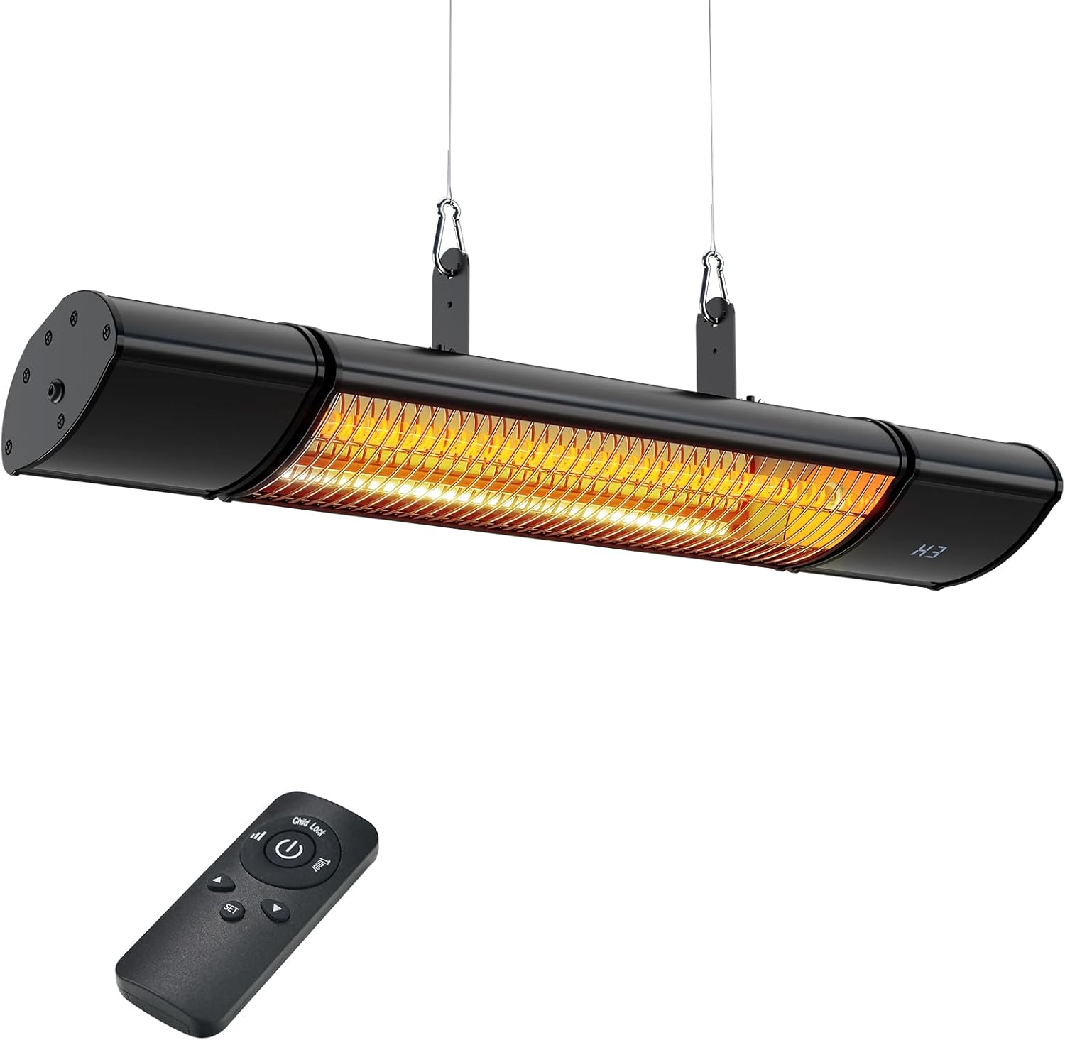 Electric Hanging Patio Heater with remote control, built in Temperature Control, Wall mounted or ceiling mounted, Suit for Outdoor, Greenhouse, 1500W, Black