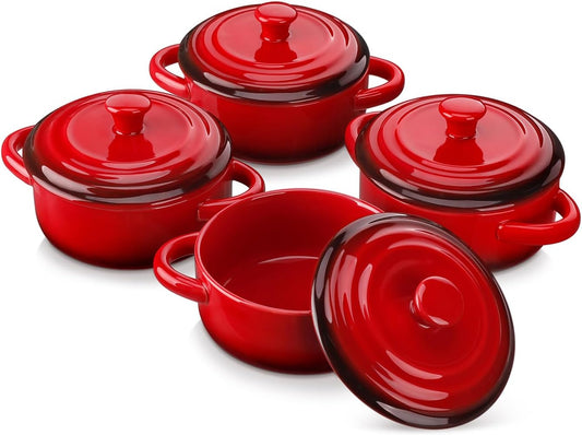 LOVECASA Mini Cocotte Set,12 OZ Small Casserole Dishes with Lids, Soup Bowls With Handles,Individual Baking Ramekins,Oven, Microwave & Dishwasher Safe,Set of 4,Red
