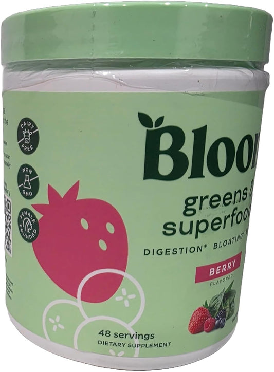 Blooms Super Greens & Superfoods Powder, Berry Flavor, 48 Servings Gut Health & Bloating Support with Probiotics, Fruits & Veggies