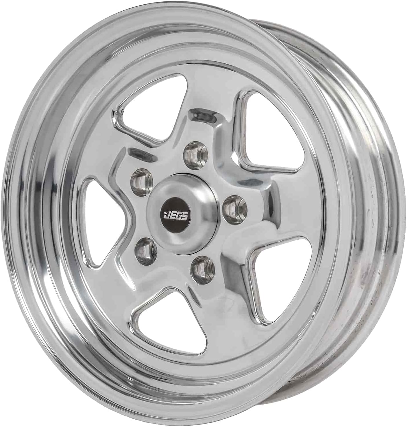 JEGS Sport Star Aluminum Wheel 15” x 4” | 5 x 4.5” Wheel Bolt Pattern Spacing | -19 mm Offset | 1.75” Backspacing | Polished Finish | 3.27” Center Bore | Includes Center Cap