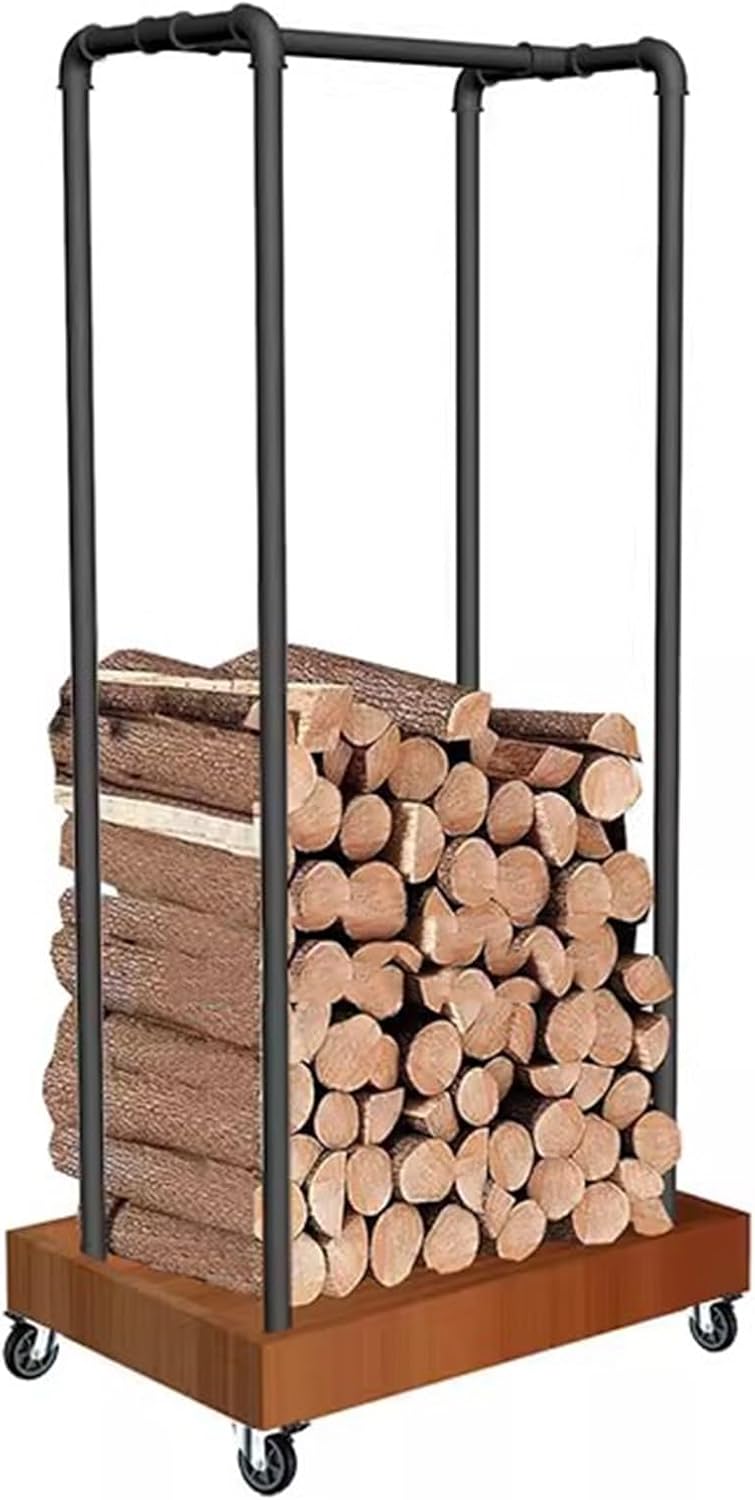 GTPBAO Iron Pipe Firewood Log Rack with Wheels, Heavy Duty Wood Pile Shelf for Back Yard Deck Camping Hearth, Indoor Outdoor(H 150cm\/59in)