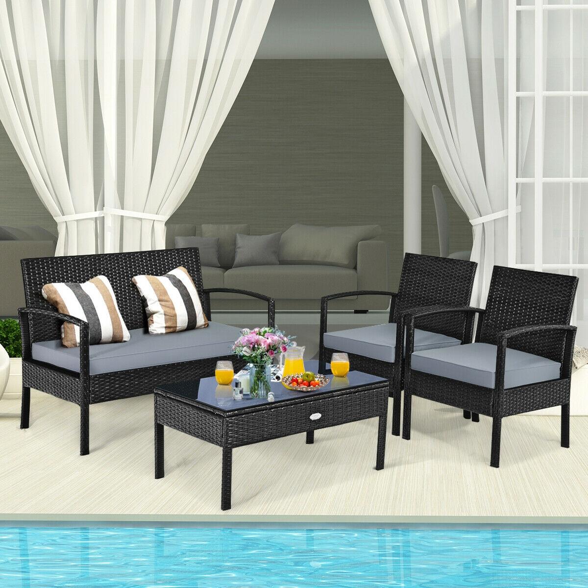 BABOOM 4 -Piece Rattan Patio Conversation Set with Gray Cushions