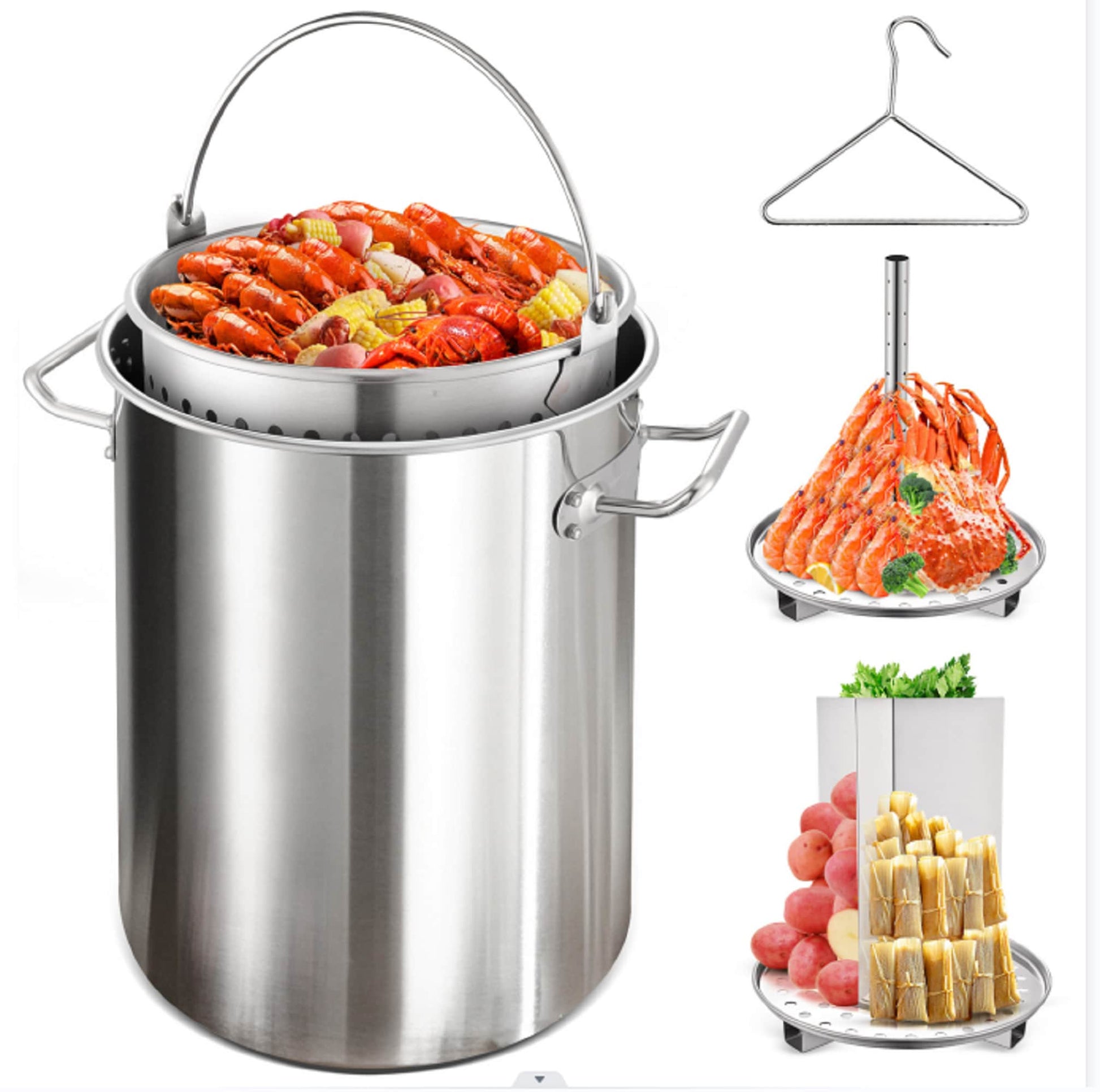 ARC Advanced Royal Champion Stainless Steel Grill Pan with Multi-Function Design - Crawfish Boil Pot with Strainer Basket, Lift Hook, Steamer Insert Rack, and Divider AFH-AI032
