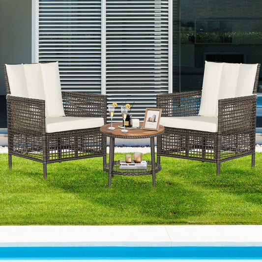 Clihome 3 -Piece Rattan Patio Conversation Set with White polyester Cushions