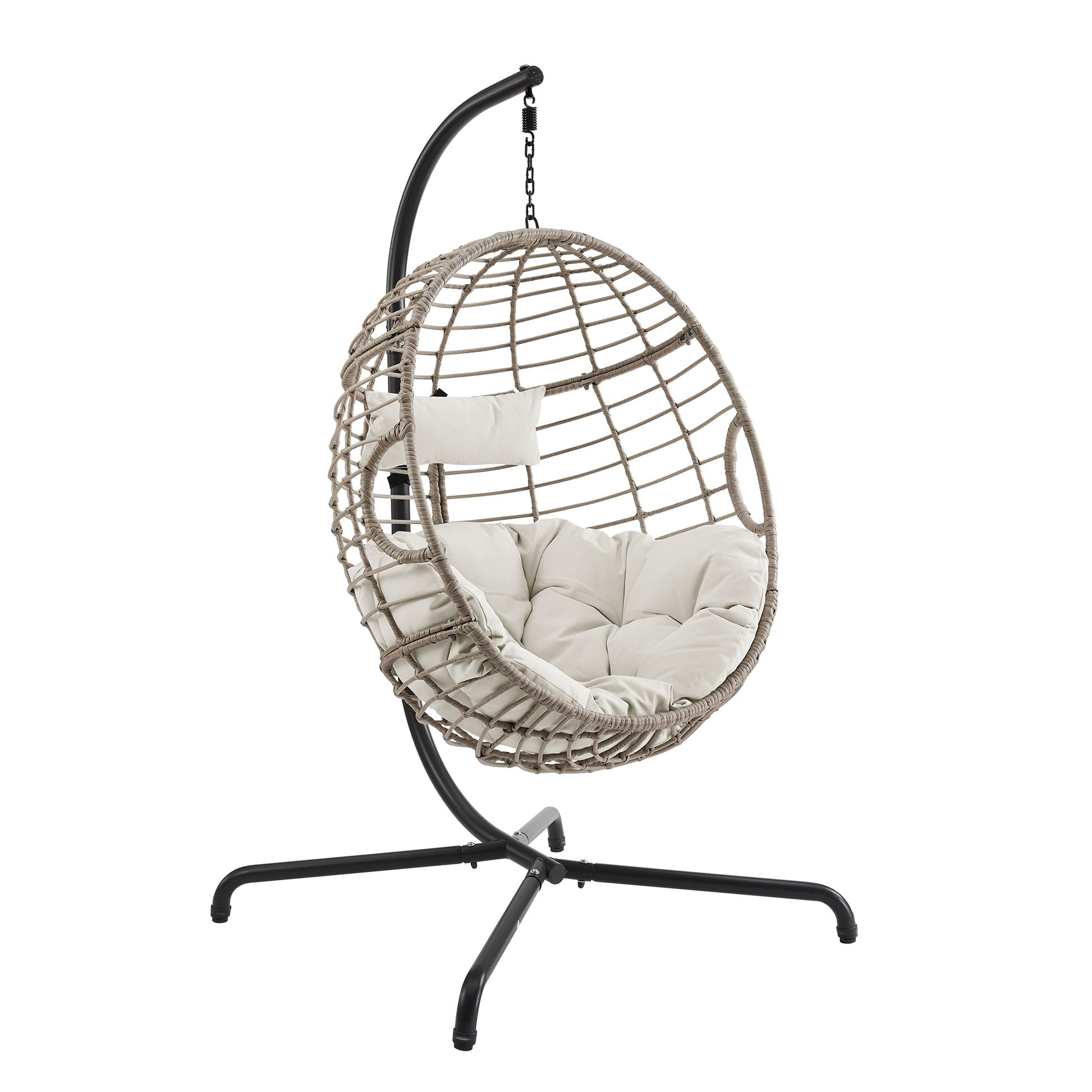PEAK HOME FURNISHINGS Egg Chair Wicker Black Metal Frame Hanging Egg Chair with Beige Olefin Cushioned Seat