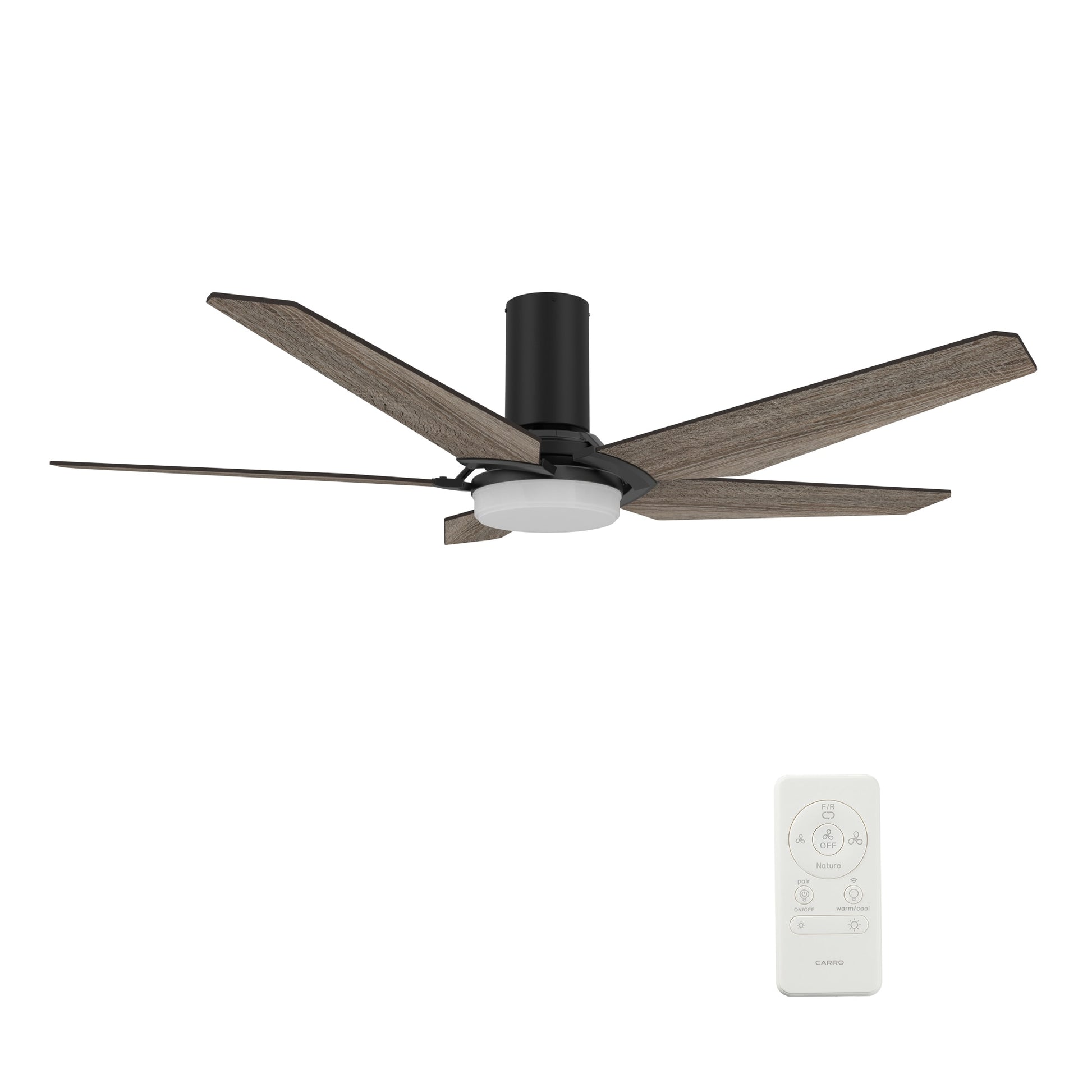 CARRO USA Voyager 52-in Black with Wooden Blades Indoor/Outdoor Flush Mount Smart Ceiling Fan with Light and Remote (5-Blade) LS525B-L22-BS-1-FM