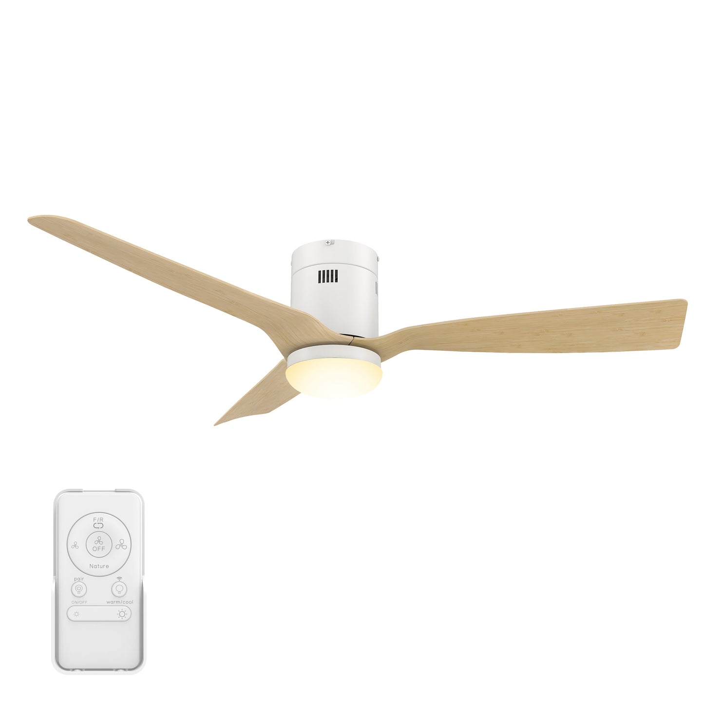 CARRO USA Striver 52-in White with Bamboo Wood Blades Indoor/Outdoor Flush Mount Smart Ceiling Fan with Light and Remote (3-Blade) LS523P-L22-WQ-1-FM