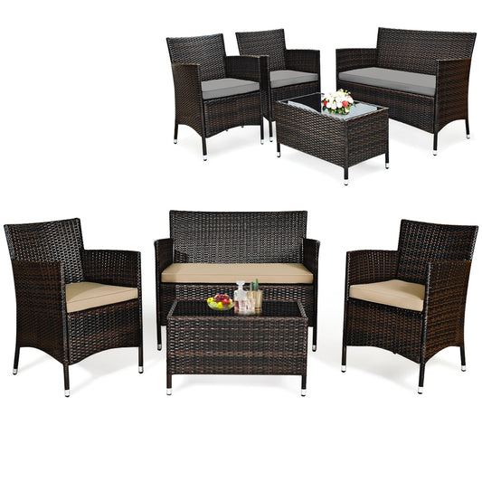 Costway 4-Piece Rattan 2 Patio Sofa Conversation Set with Gray Cushions