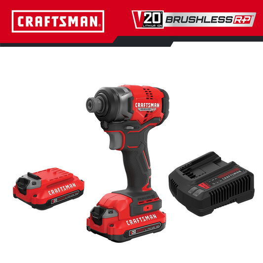 CRAFTSMAN V20 RP 20-volt Max Brushless Cordless Impact Driver (2-Batteries Included, Charger Included and Soft Bag included) CMCF813C2