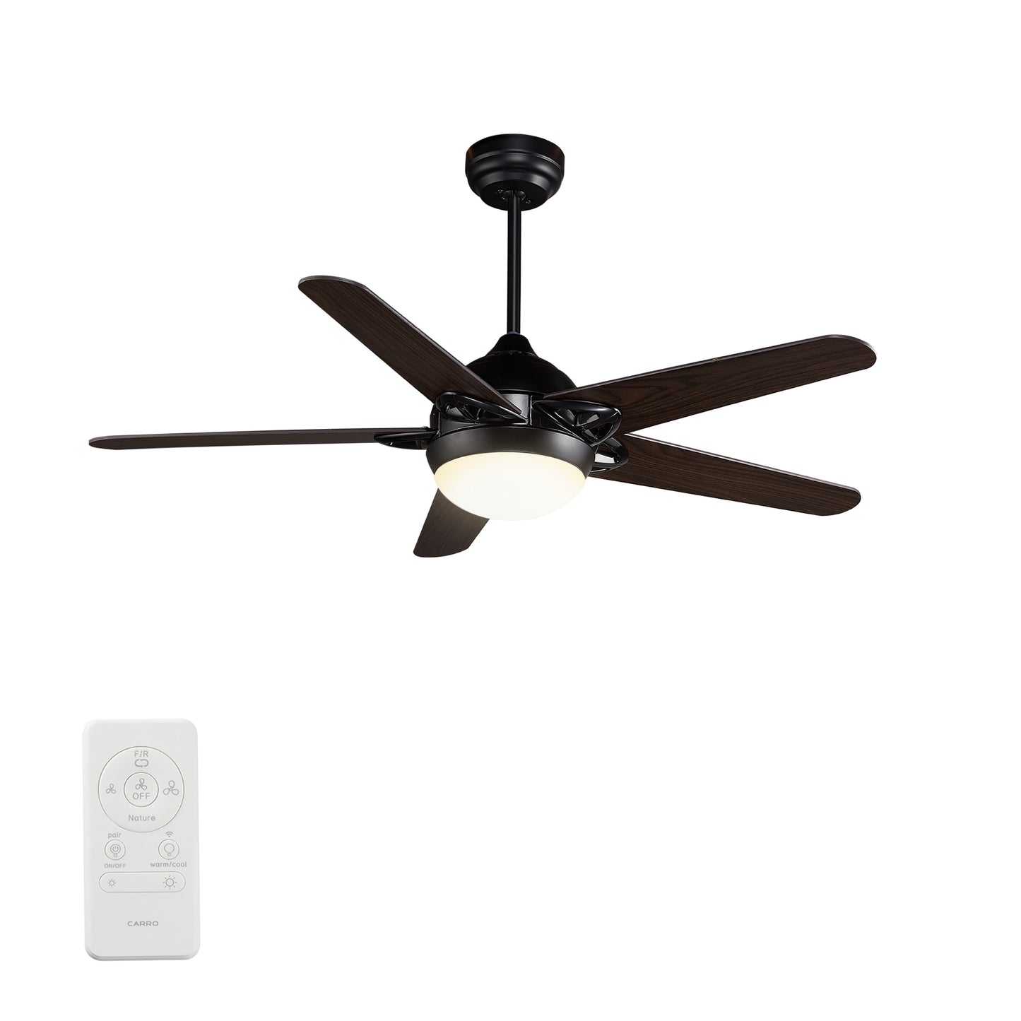 CARRO USA Sonnen 52-in Black with Walnut Blades Color-changing Indoor/Outdoor Smart Ceiling Fan with Light and Remote (5-Blade) LS525W-L12-B5-1