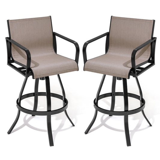 Crestlive Products Patio Sunbrella Seat bar stools Outdoor bar height stools Set of 2 Brown Metal Frame Stationary Bar Stool Chair with Tan Mesh Seat