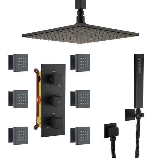 CASAINC Luxury Led 360 Degree Shower Head with Handheld Body Jets Matte Black 12-in Built-In ShowerÂ FaucetÂ System with 3-way Diverter ( Thermostatic Valve Included )