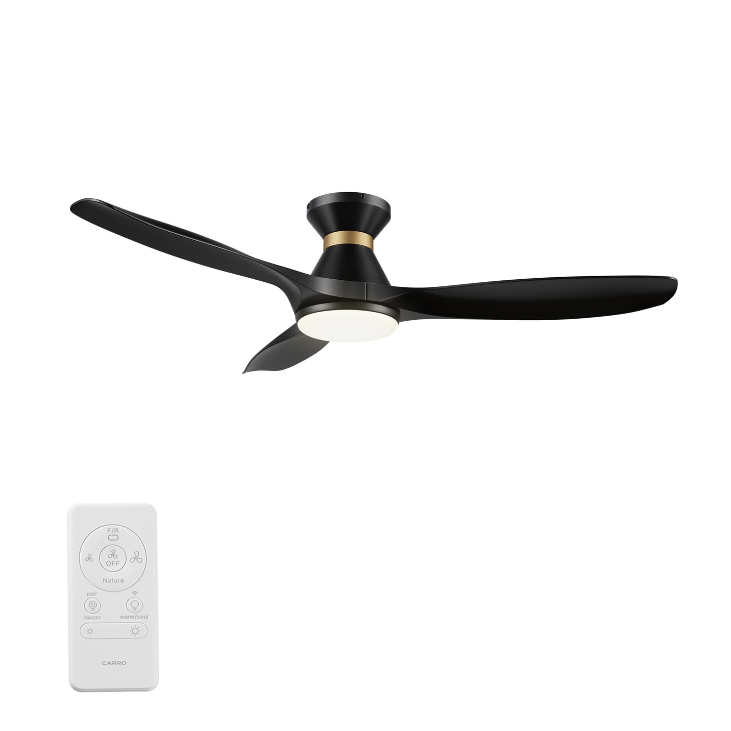 CARRO USA Kore 52-in Black Indoor Flush Mount Smart Ceiling Fan with Light and Remote (3-Blade) LS523A4-L12-B2-1-FMA