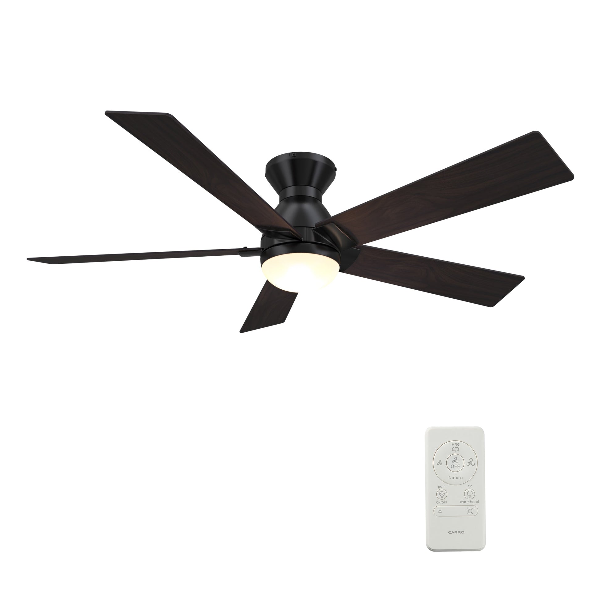 CARRO USA Aspen 52-in Black with Dark Walnut Blades Indoor/Outdoor Flush Mount Smart Ceiling Fan with Light and Remote (5-Blade) LS525J1-L21-B5-1-FM