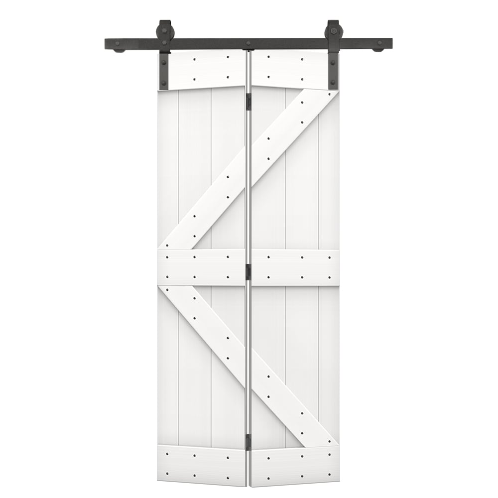 CALHOME 30-in x 84-in Pure White Stained K-frame Pine Wood Solid core Single bifold Barn Door (Hardware Included)