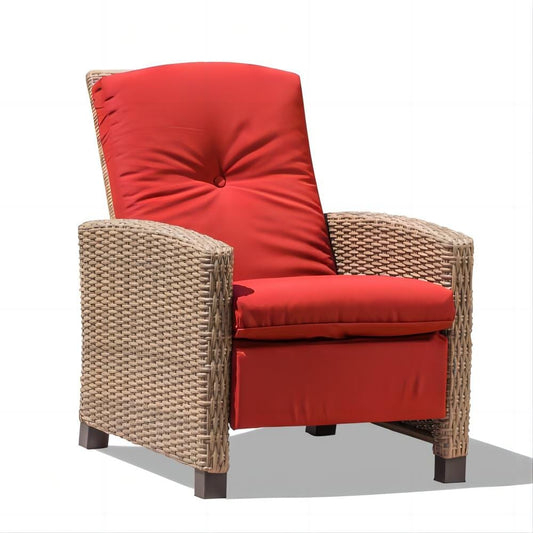 Clihome Outdoor Recliner Wicker Rattan Frame Stationary Recliner Chair with Red Cushioned Seat