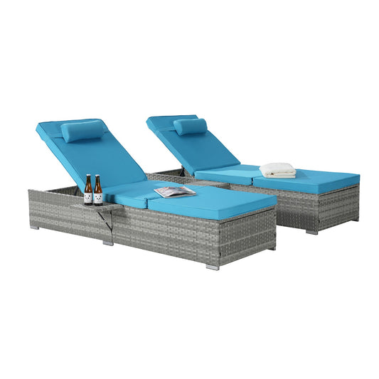 SINOFURN Set of 2 Rattan Gray Metal Frame Stationary Recliner Chair with Blue Cushioned Seat