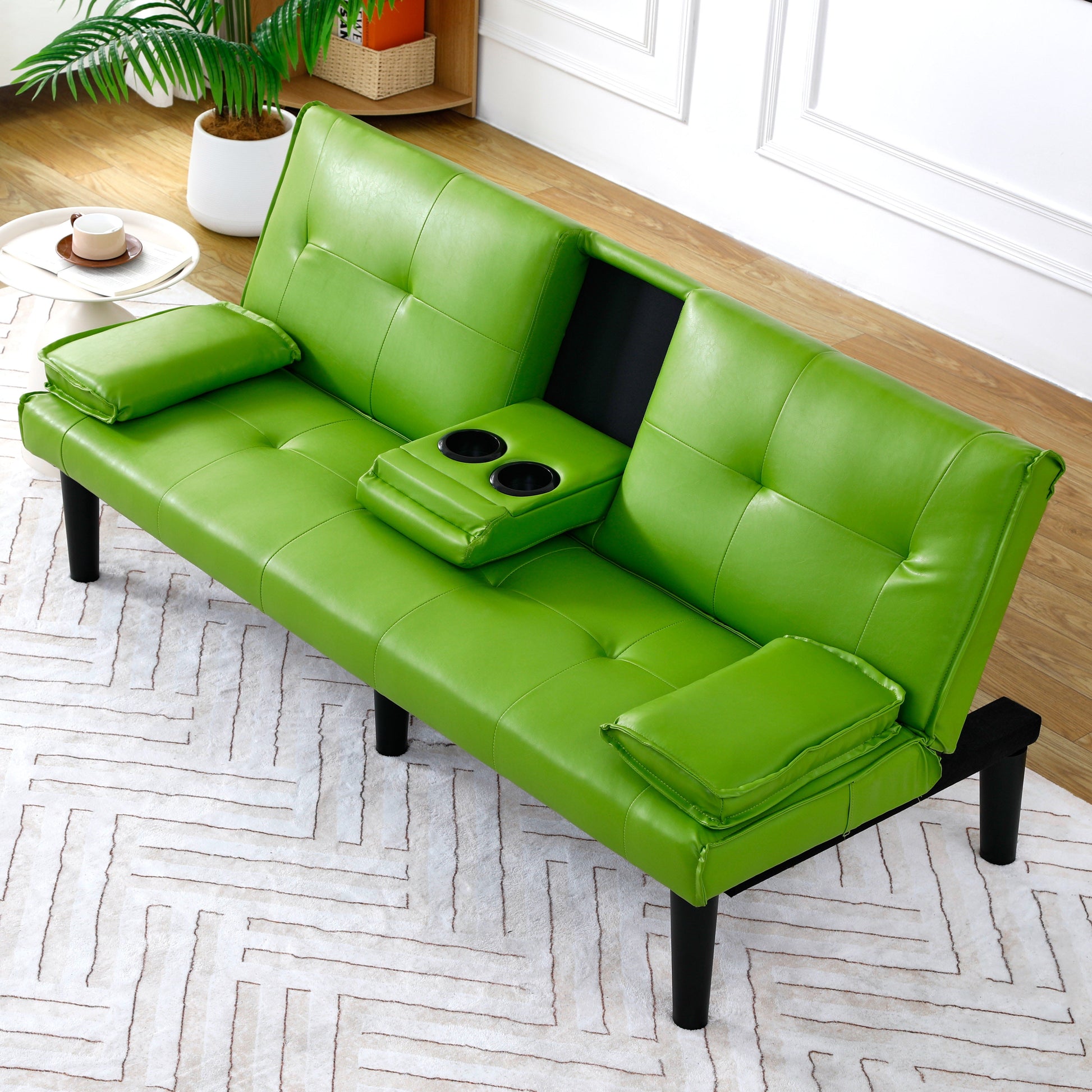 67 inch Futon Sofa Bed Faux Leather Couch Modern Convertible Folding Recliner with 2 Cup Holders for Living Room,Bedroom,Green