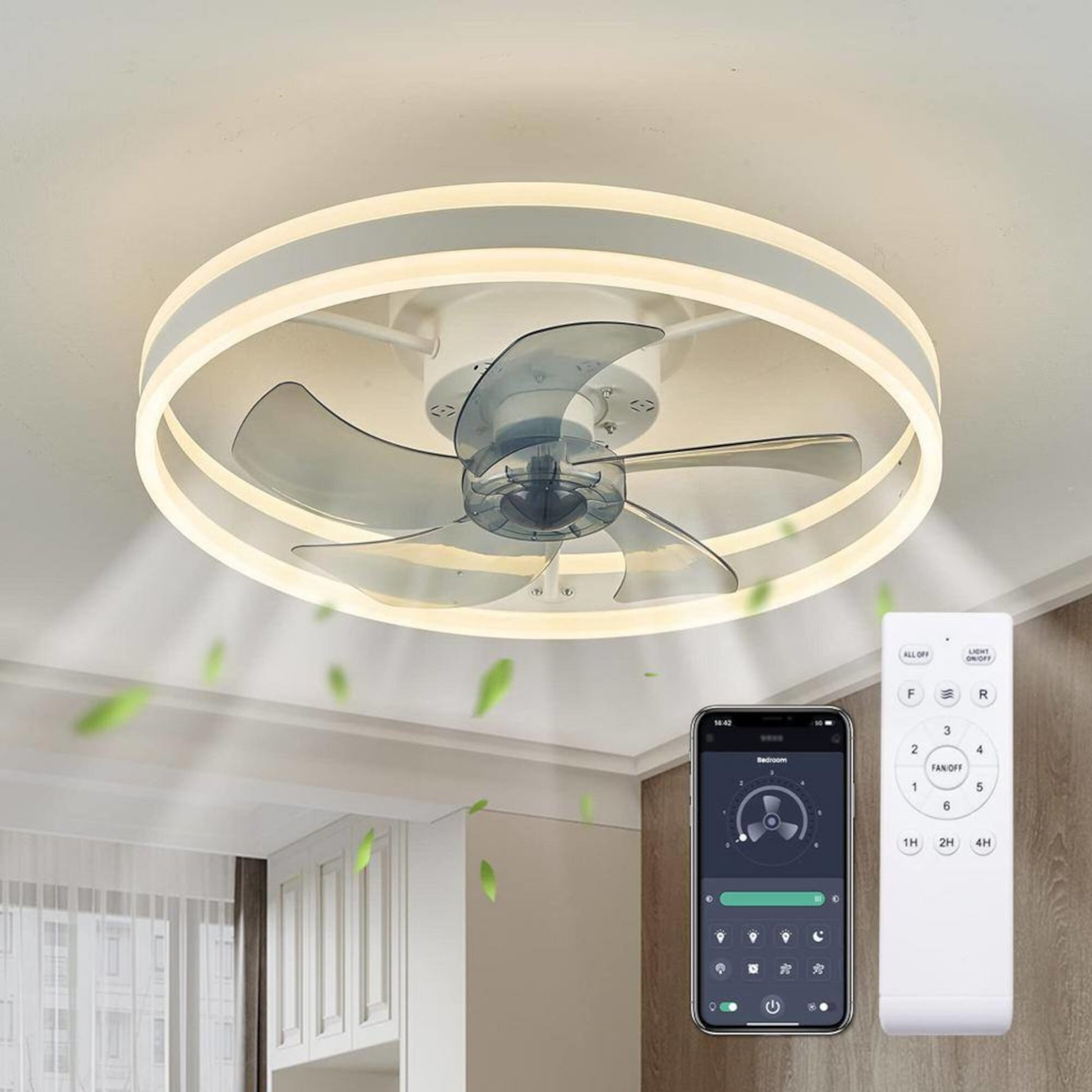 Antoine Modern Low Profile 20-in White Bladeless with Abs Blades Color-changing Integrated LED Indoor Flush Mount Smart Ceiling Fan with Light and Remote (5-Blade) LSBD-28