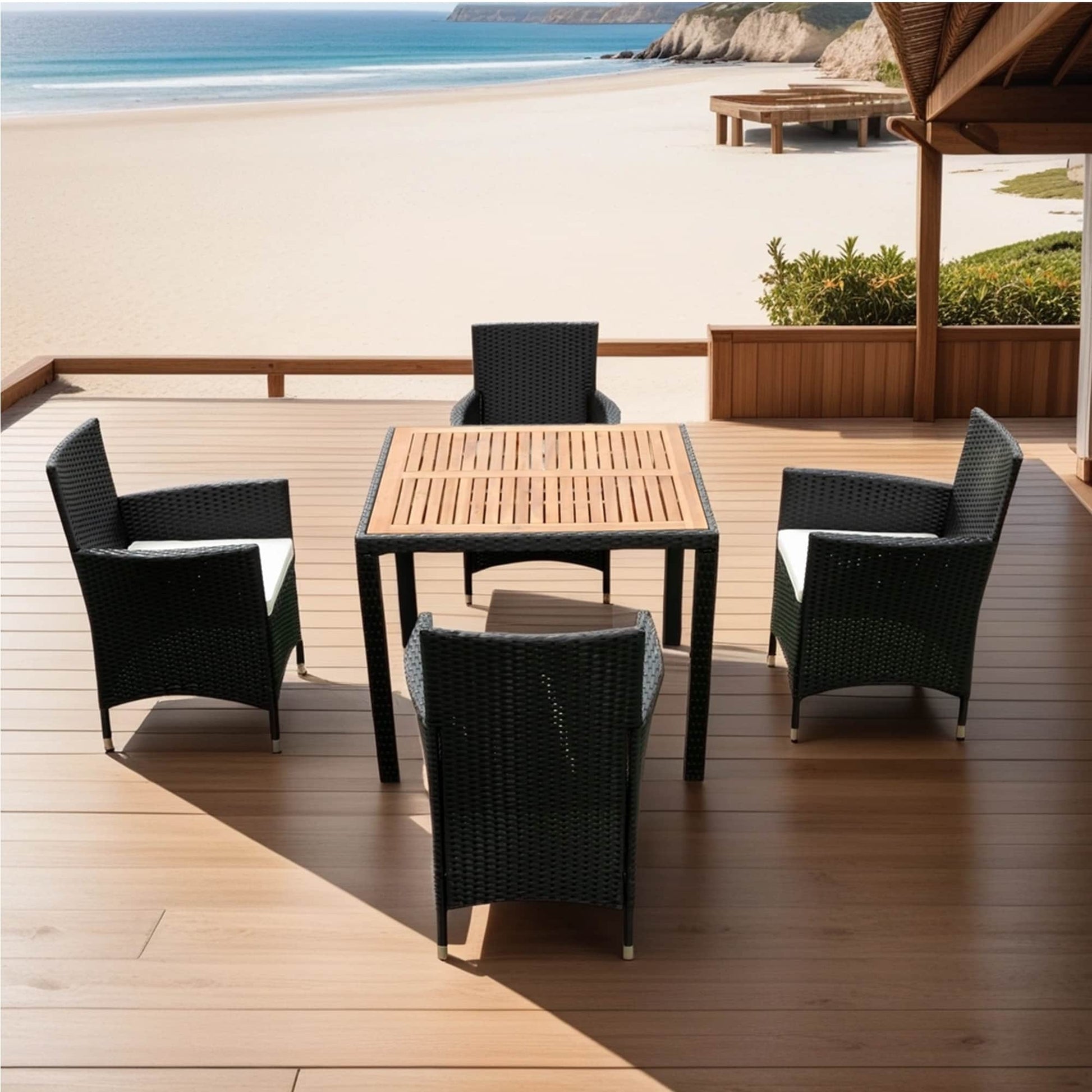 JIMSMAISON 5 -Piece Black Rattan Patio Dining Set Wood Square Table with 4 White Cushions Stationary Chairs