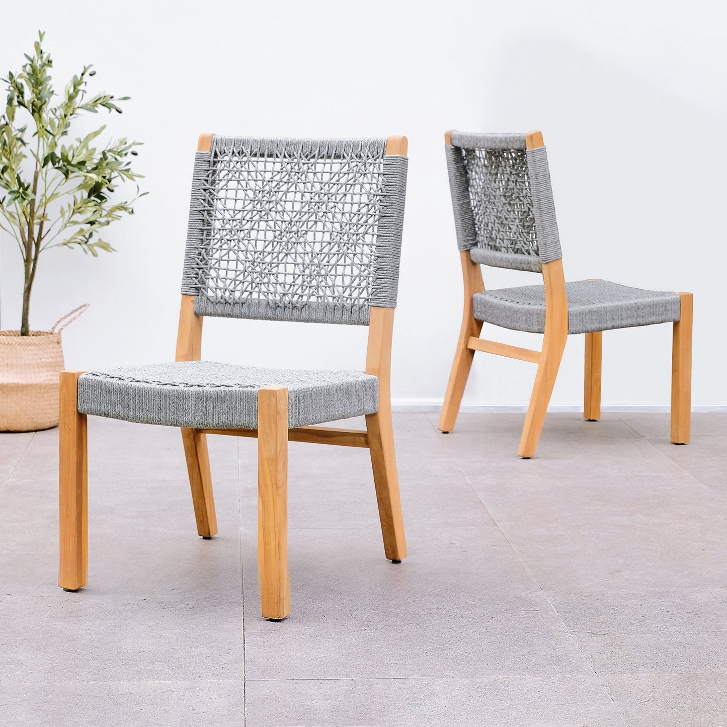 Cambridge Casual Zenith Set of 2 Woven Natural Teak Wood Frame Stationary Dining Chair with Gray Woven Seat