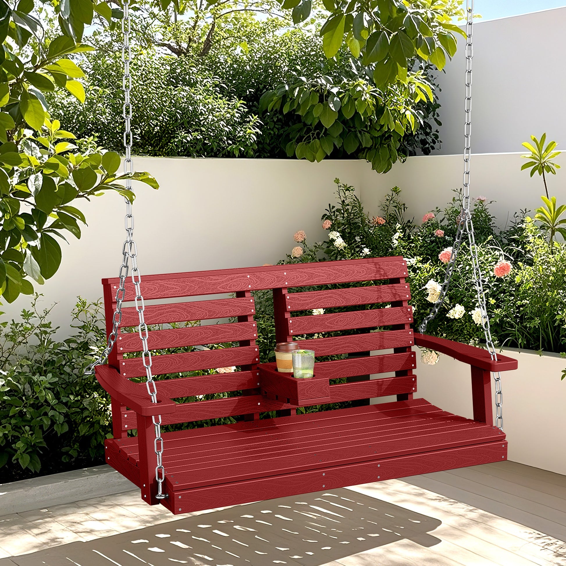 JEAREY Porch Swing Chair With Chains 2 -person Red HDPE Outdoor Swing