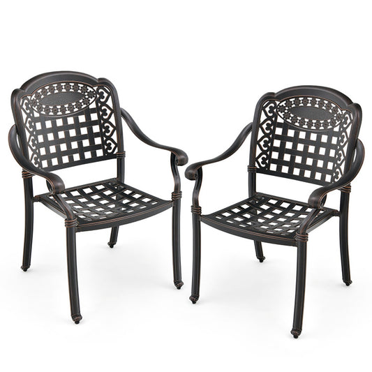 GZMR Cast Aluminum Patio Dining Chair 2PCS Set of 2 Stackable Black Aluminum Frame Stationary Dining Chair with Black Solid Seat