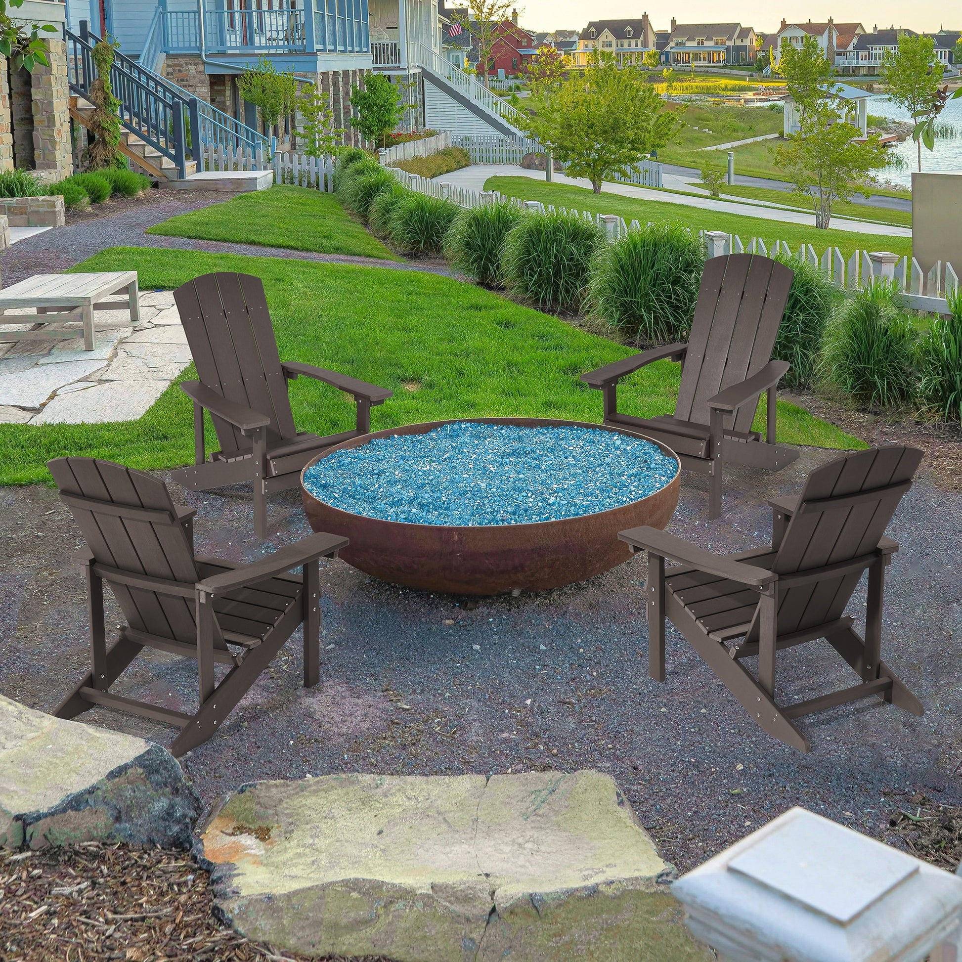 Sonkuki Patio Chair Set of 4 Coffee Plastic Frame Stationary Adirondack Chair with Solid Seat