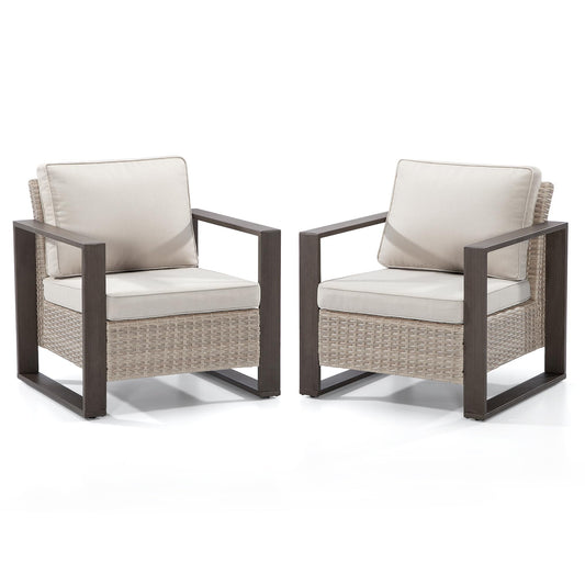 CESICIA Patio Chairs Set of 2 Wicker Beige Metal Frame Stationary Conversation Chair with Beige Cushioned Seat