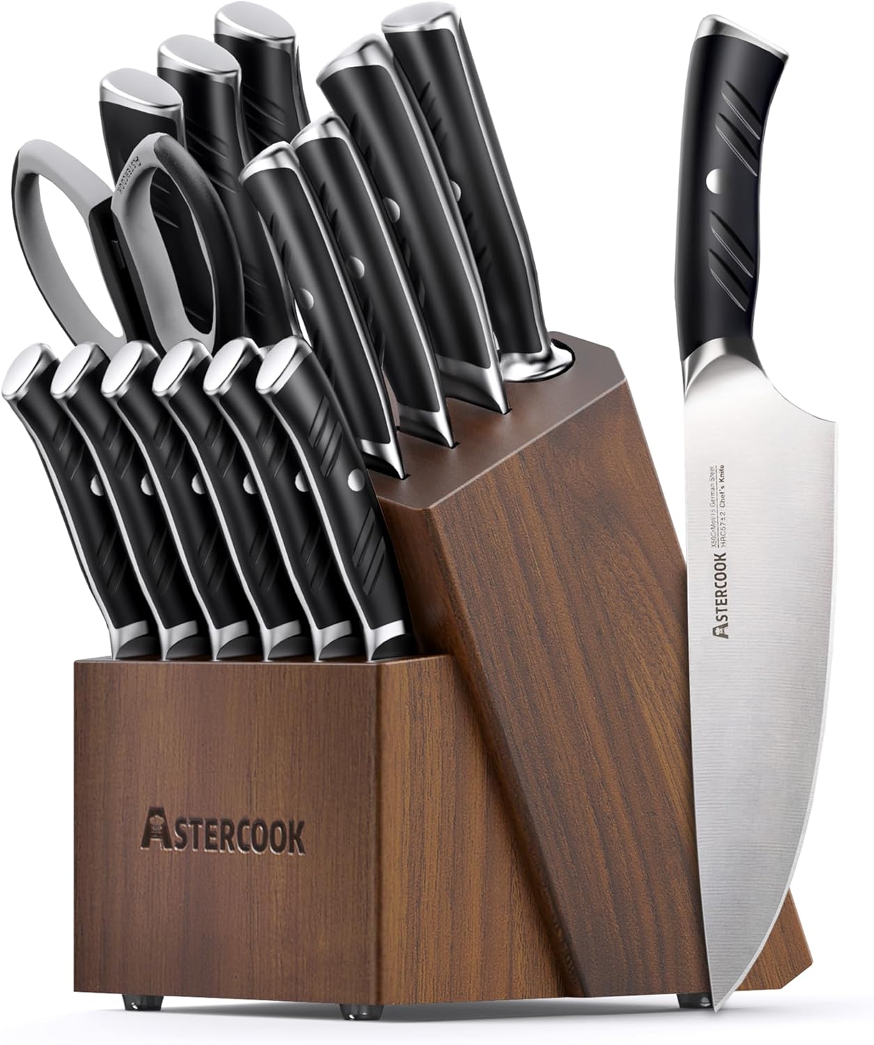 Astercook Kitchen Knife Set, 15 Piece Knife Block Sets with German 1.4116 Steel Sharper and Rust Proof, Full Tang Knives Set with Ergonomic Nylon Handle, Dishwasher Safe Black